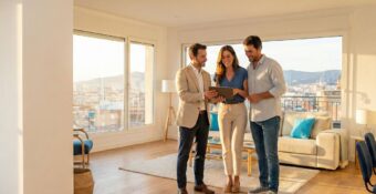 Agente inmobiliario mostrando piso en zona alta de barcelona